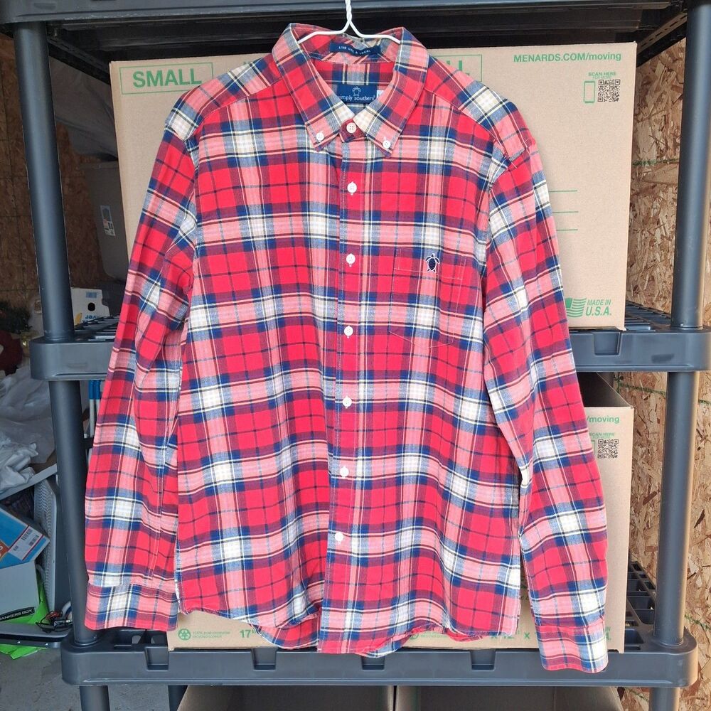 Simply Southern Mens Large Red Plaid Flannel Button Down Shirt Cotton L/S 80ch